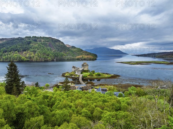 Eilean Donan Castle and Loch Duich from a drone, Isle of Skye, Highlands, Scotland, England, United Kingdom