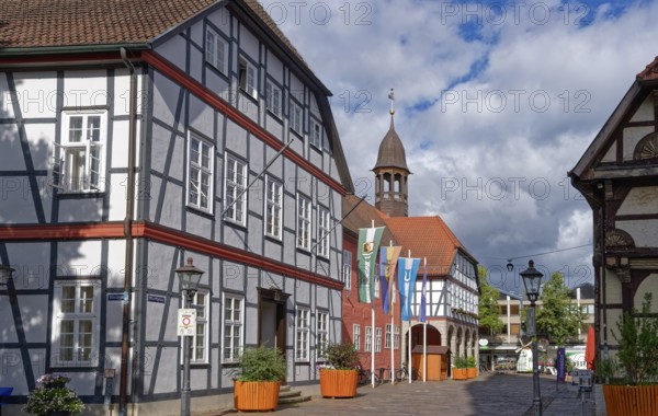 Half-timbered houses on the market square in the historic old town of Nienburg an der Weser. Nienburg, Lower Saxony, Germany
