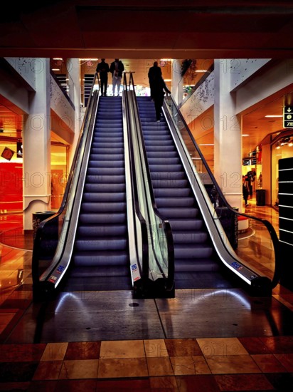 Crowds move efficiently on a modern escalator in a vibrant shopping mall during the evening, with bright lights enhancing the lively atmosphere and showcasing various stores. France