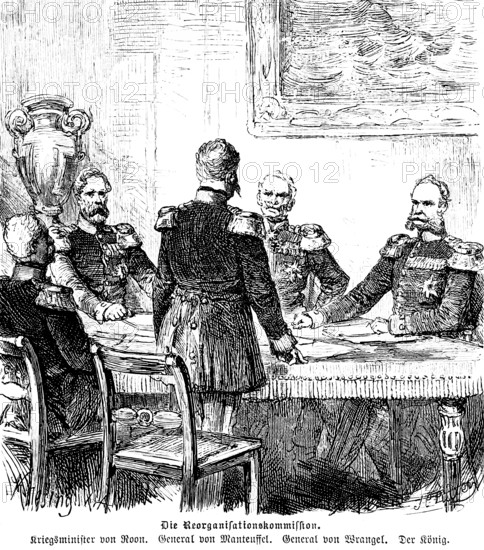The Reorganisation Commission, Commission for Army Reform, Minister of War and Navy von Roon, General von Manteuffel, General von Wrangel, King Wilhelm I, portrait, Prussia, historical illustration 1896
