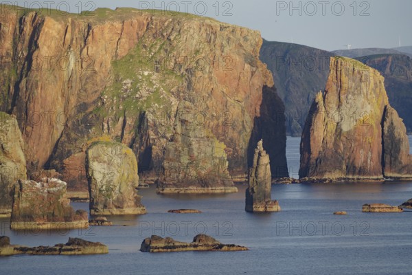 Towering cliffs and rocks in the sea under a clear sky, Eshanness, Shetland Islands, Scotland, United Kingdom