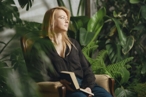In a serene indoor garden, a woman sits comfortably in a chair holding a book. Soft light filters through the plants, creating a peaceful atmosphere for reading and reflection
