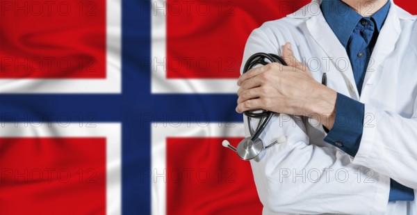 Doctor with stethoscope on Norway flag. Doctor holding stethoscope on Norway flag
