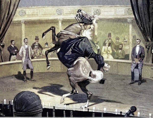 Acrobatics on horseback, the horsewoman Baroness von Rhaden at the Apollo Theatre in Berlin, Germany, illustration, published 1890, reproduction, digitally enhanced, historical
