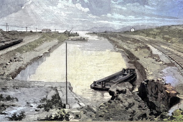 The Corinth Canal, Greece, the mouth in the west to the Gulf of Corinth, Illustration from 1894, Reproduction, digitally enhanced, Historical