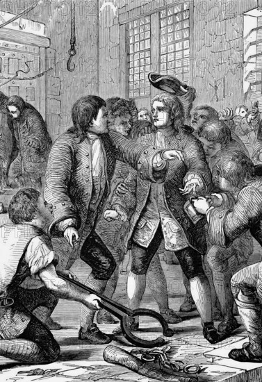A debtor is admitted to the Fleet Prison. During the reign of George II, the prison was mainly used for debtors and bankrupts, 1750, England, digital reproduction of a historical model