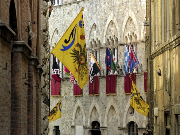 Il Palio di Siena, historic horse race, flags of the Contrade, Palazzo Chigi Saracini, historic centre, Siena, Tuscany, Italy