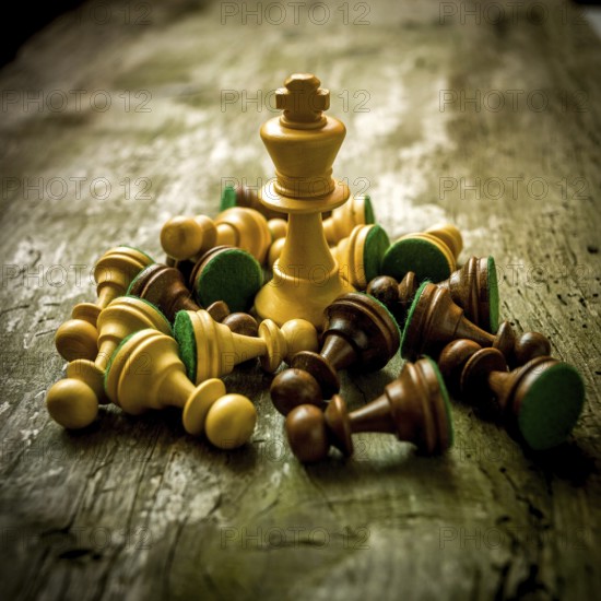 Chess pieces are strewn across a rustic wooden table, with a prominent king piece standing tall amidst the fallen soldiers, indicating a moment of strategic conflict