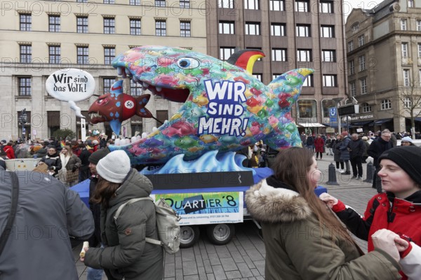 Demonstration against right-wing extremism with motto car We are more, Big fish eats small fish, Düsseldorf, North Rhine-Westphalia, Germany