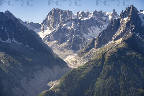 Mountain peak Grandes Jorasses and glacier Mer de Glace of the Mont Blanc massif, Chamonix-Mont-Blanc, Haute-Savoie, France