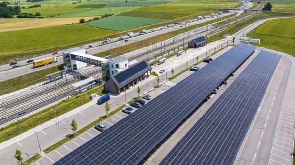 Largest charging park in the world at Merklingen Swabian Alb railway station. 259 covered stations for electric cars are located under two 160 and 190 metre long roofs. The Swabian Alb special-purpose association and the state are investing around five million euros in the charging park. Merklingen, Baden-Württemberg, Germany