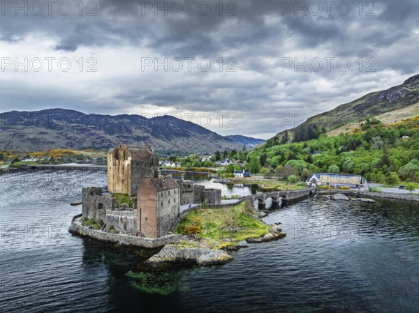 Eilean Donan Castle and Loch Duich from a drone, Isle of Skye, Highlands, Scotland, England, United Kingdom
