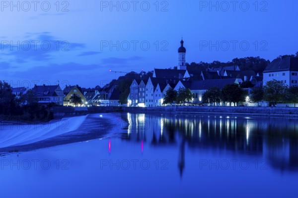 Barrage on the Lech, Landsberg, in the blue hour, Upper Bavaria, Bavaria