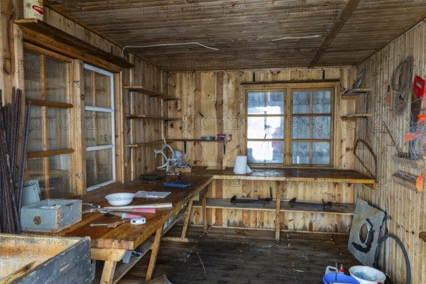 Former research station, wooden hut, Kinvika, Muchinsonfjord, Spitsbergen, Svalbard