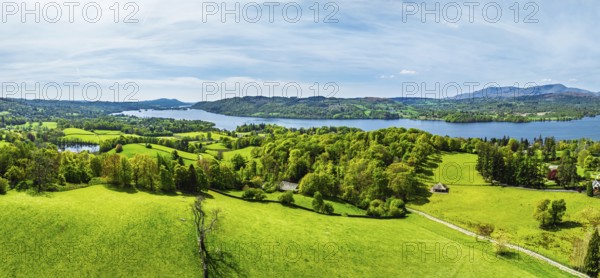 Panorama of Farms and Fields from a drone, Townend house, Troutbeck, Windermere, Lake District, Cumbria, UK