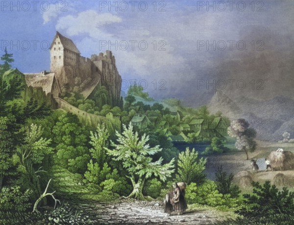 Place and castle ruin Wolfsberg, former high medieval aristocratic castle, Franconian Switzerland, district Forchheim, Upper Franconia, Bavaria, Germany, digitally enhanced reproduction from a 19th century original, coloured, historical, exact date unknown