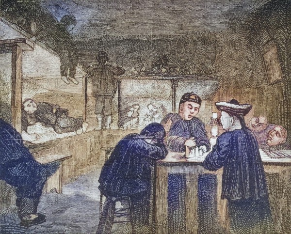 Chinese opium den in San Francisco, California, around 1870, America, digital reproduction from American Pictures, drawn with pen and pencil, coloured, by Samuel Manning, published circa 1880, Historical