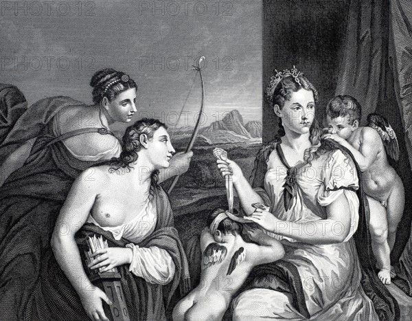 The Equipping of Cupid by Venus and the Graces, Venus blindfolds Cupid, steel engraving after a painting by Titian, Historical, digitally restored reproduction of a 19th century original