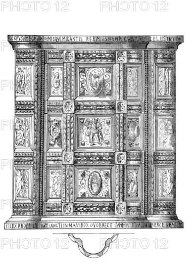 Religious objects of worship, ambo, in Orthodox, Catholic and Lutheran churches the raised place from which the lector, deacon or priest recites the biblical readings or the Gospel, from the cathedral in Aachen, Germany, Historical, digitally enhanced reproduction from an original from around 1860