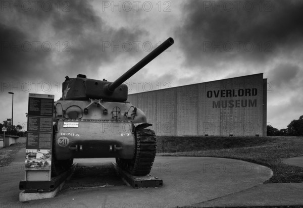 M4A1 Sherman tank, exhibit in front of Overlord Museum, black and white, Colleville-sur-Mer, D-Day, Operation Overlord, Omaha Beach, Normandy, Calvados, France