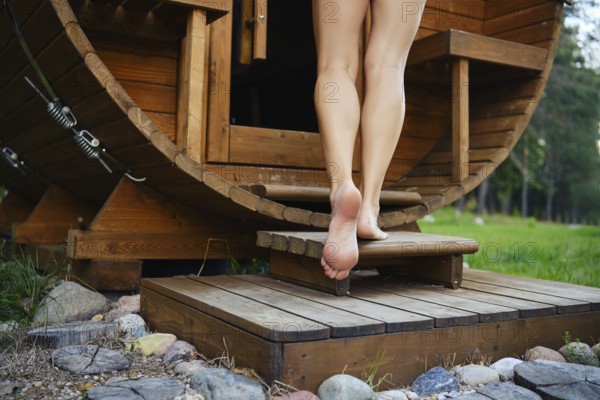 Close-up of female bare feet entering the outdoor barrel-shaped wooden sauna from wooden stairs