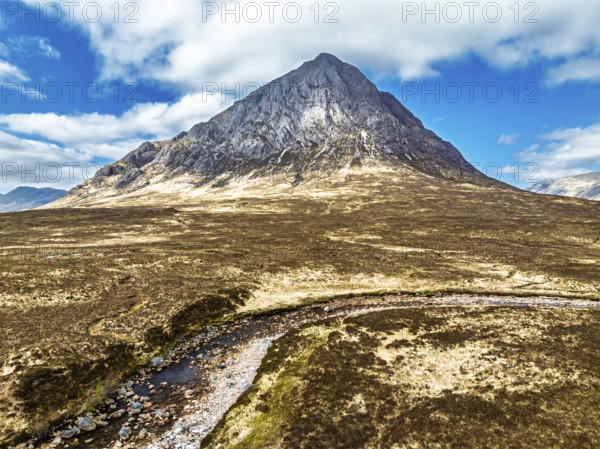The Buachaille Mountain and Moors over Glen Etive Valley from a drone, Buachaille Etive Mòr, The Buachaille, Highlands, Scotland, United Kingdom