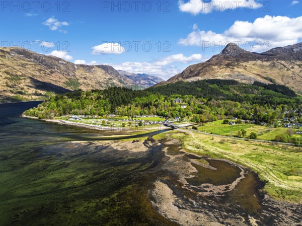 Loch Leven and Holiday Park from a drone, Glencoe, Highland, Scotland, United Kingdom