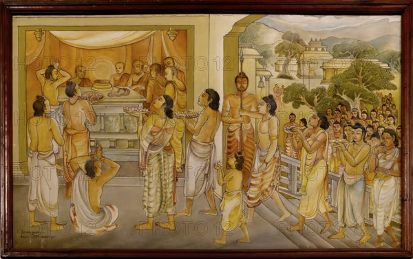 Temple of the sacred Tooth Relic or Sri Dalada Maligawa, Painted panel depicting the history of the Sacred Tooth Relic, New Shrine room or Alut Maligawa ceiling, Kandy, Sri Lanka