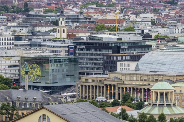 View of the state capital with Schlossplatz and art museum. Stuttgart, Baden-Württemberg, Germany