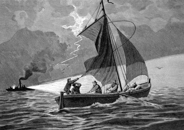 A smuggling ship on Lake Garda, Italy, Illustration from 1894, Reproduction, digitally enhanced, Historical