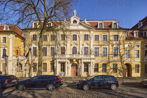 Ministry of Justice, Knautsches Palais, historic building, baroque architectural style, bare winter trees, car park with vehicles, blue sky, cloudless, cathedral square, Magdeburg, state capital, independent city, Saxony-Anhalt, Germany