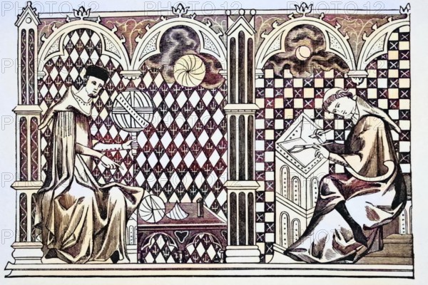 Mathematician monks, one teaching the globe, the other copying a manuscript after a miniature from the 13th century. Manuscript image of the world from science and literature in the Middle Ages by Paul Lacroix, published in London in 1878, digital reproduction of a historical model
