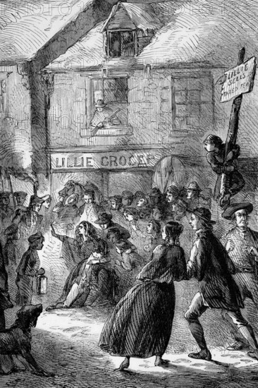 In February 1770, angry rioters surrounded the home of Ebenezer Richardson, a customs informant in Boston, North America. Ebenezer Richardson fired his gun and eventually killed an eleven-year-old boy named Christopher Snider, digital reproduction of a historical model