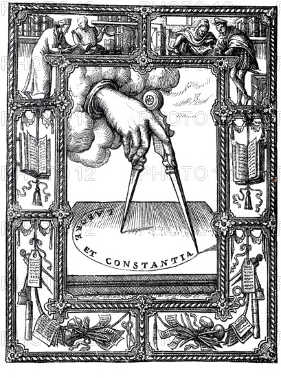 The printer's mark of Plantin, Christophe Plantin, Christoffel Plantijn, Christophorus Plantinus (c. 1520 - 1 July 1589), French-Flemish printer and publisher, Historical, digitally enhanced reproduction of a 19th century original