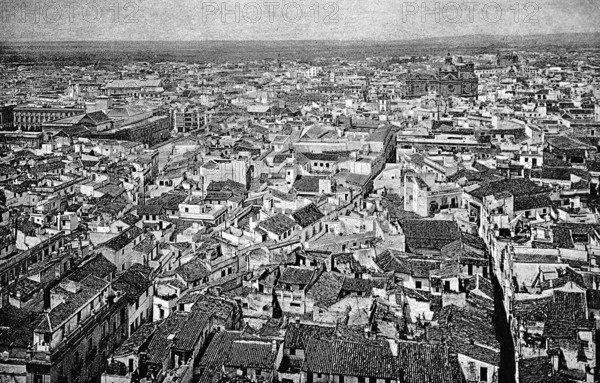 Ancient old town of Seville, monument protection, churches, tiled roofs, Andalusia, Spain, historical illustration 1896