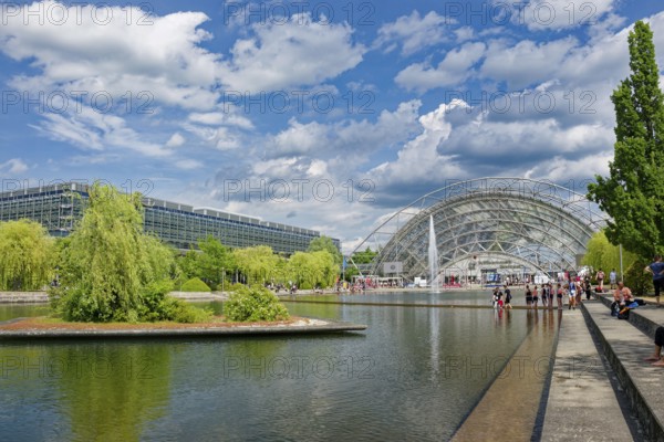New Leipzig Trade Fair Centre, Leipzig Trade Fair, with glass entrance hall and water basin, trade fair complex, exhibition grounds, glass dome, event, trade, exhibition, Leipzig, Saxony, Germany