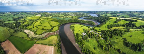 Panorama of Farms and Fields over River Dart from a drone, Stoke Gabriel, Totnes, Devon, England, United Kingdom