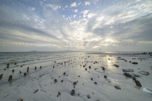Structures in the sand at sunrise on Sivalai Beach, Koh Mook Island, Satun Province, Southern Thailand, Thailand