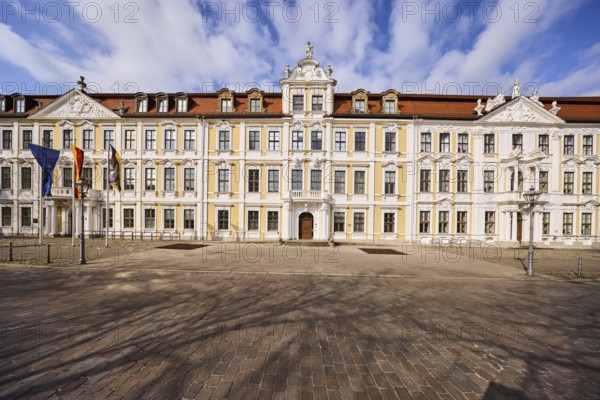 State parliament, historic houses, baroque architectural style, facade, windows, flagpoles, flags, cobblestones, blue sky, cumulus clouds, cathedral square, Magdeburg, state capital, independent city, Saxony-Anhalt, Germany