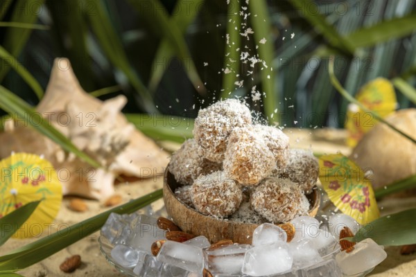 Coconut flakes fall on almond and chocolate confectionery in a coconut on ice cream with umbrellas on sand