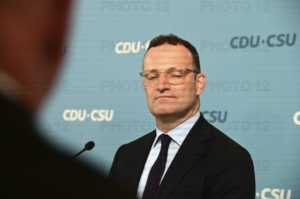 The Chairman of the CDU/CSU parliamentary group, Jens Spahn (CDU), and his deputy Alexander Hoffmann (CSU) at the weekly press statement in front of the parliamentary group meeting room in the Reichstag. This time it was about the expert opinion on the purchase of masks, among other things