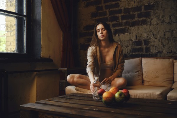 A pregnant woman is sitting on the couch near a window and reaching for a bottle of water on the table