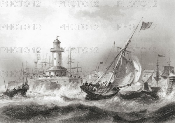 Lighthouse and Moote off Ramsgate, Kent, England in the 19th century. From the Cyclopaedia of Useful Arts and Manufactures by Charles Tomlinson, digital reproduction of a historical model