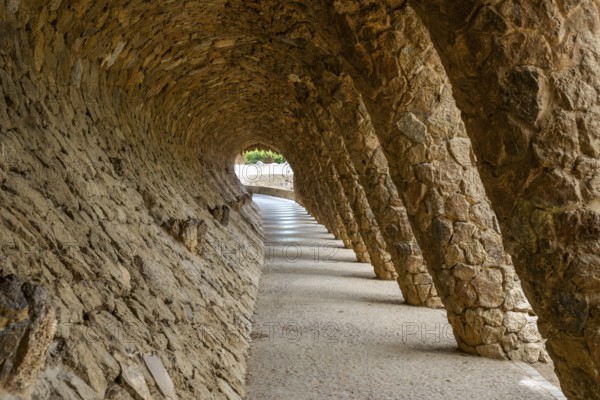 Colonnaded footpath, Park Gueell, Antonio Gaudi architect, Unesco World Heritage Site, Gracia District, Barcelona, Catalonia, Spain