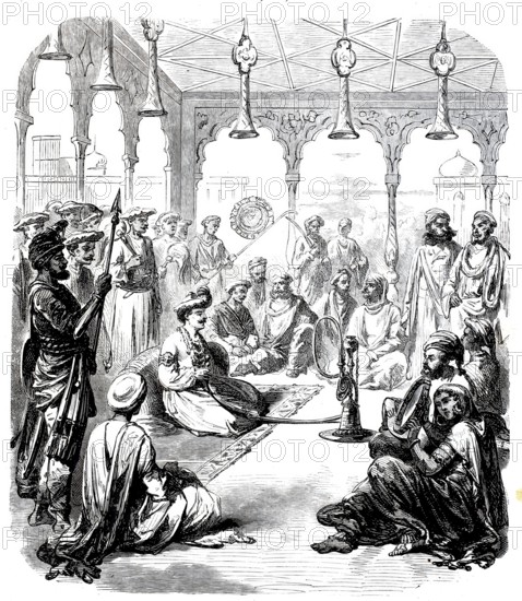 Nana Sahib, also Naina, Nena Sahib (born Dhondu Pant, 1824 to 1857), was a central figure of the Indian uprising of 1857, also called Sepoy Uprising, here with his court, digitally enhanced reproduction from a 19th century original, historical, exact date unknown
