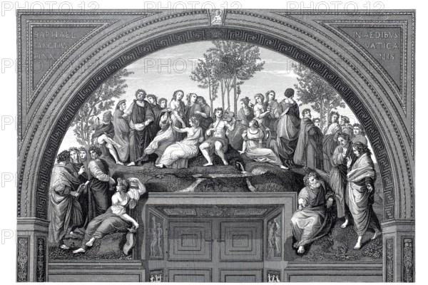 The Parnassus, a fresco painting by the Italian High Renaissance artist Raphael in the Raphael Rooms of the Vatican Palace in Rome, commissioned by Pope Julius II, steel engraving after the painting, historical, digitally restored reproduction of a 19th century original