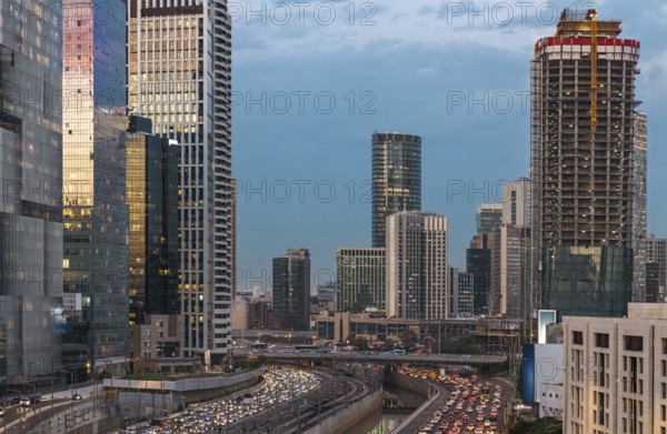 Israel, Tel Aviv financial business district skyline with shopping malls and high tech offices
