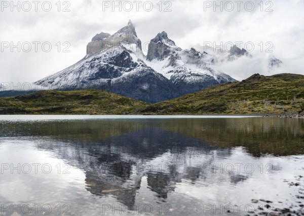 Cuernos del Paine mountain range, reflection in Lago Nordenskjöld, Torres del Paine National Park, Chile