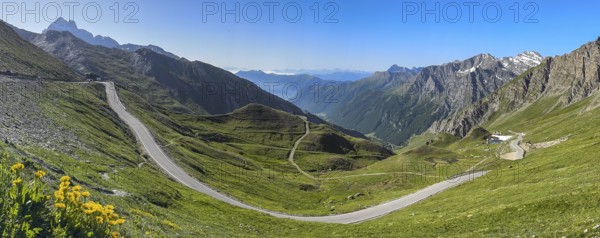 Panoramic view of southern ramp southern ascent mountain road alpine road to pass in Alps High Alps alpine pass above tree line 2744 metres high Col d'Agnel, Colle dell'Agnello, Pontechianale, Piedmont, Italy