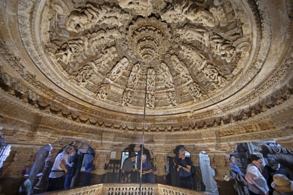 Sculptures on the ceiling in the Jain temple Chandraprabhu in the fortress in Jaisalmer, Rajasthan, India